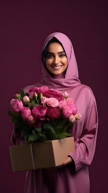 Une femme arabe tenant une boîte.