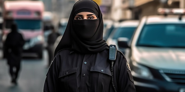 Photo une femme arabe vêtue d'un niqab en policier symbolise les limites auxquelles sont confrontées les femmes dans le monde islamique dans le choix de certaines professions generative ai