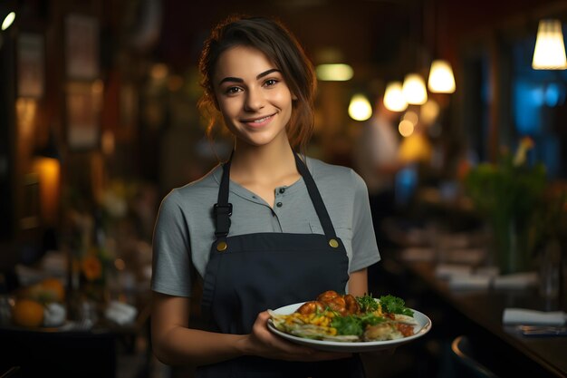 Femme Arafed dans un restaurant tenant une assiette de nourriture AI générative