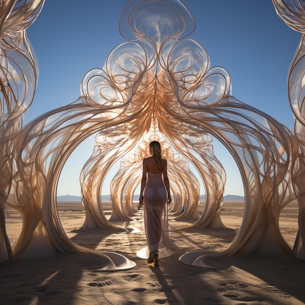 Photo femme arafed marchant dans un tunnel de matériau tourbillonnant blanc et or ia générative