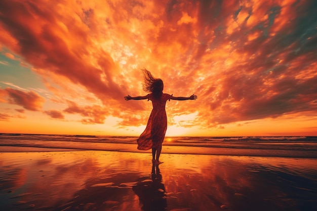 Une femme araffe dans une robe rouge debout sur la plage au coucher du soleil