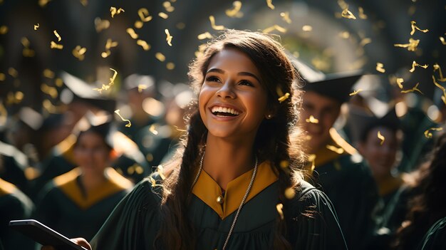 femme araffe en robe de remise des diplômes souriante et confettis tombant du ciel IA générative