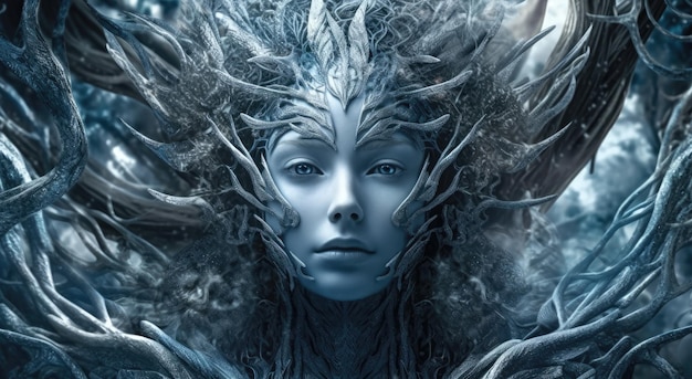 Une femme avec un arbre et de la glace sur son visage