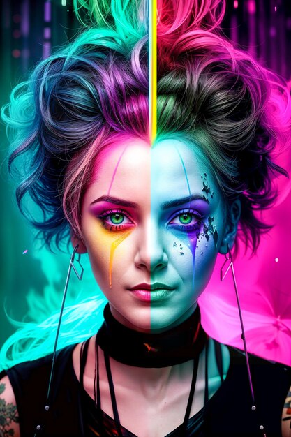 Femme arc-en-ciel aux couleurs vibrantes multicoloresStyle punkTons sombresApocalypse du chaosDessin d'art de concepteur créatif numériqueIllustration IA