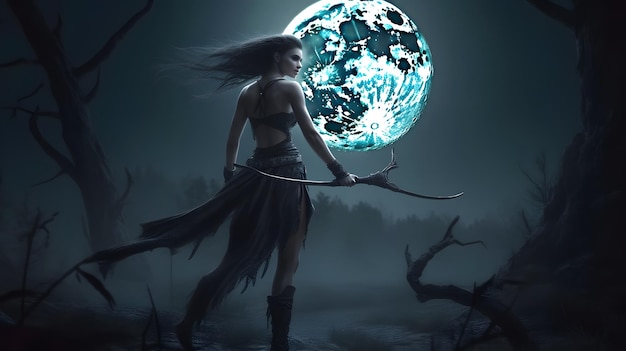 Une femme avec un arc et une flèche se tient devant une planète avec une lune bleue en arrière-plan.