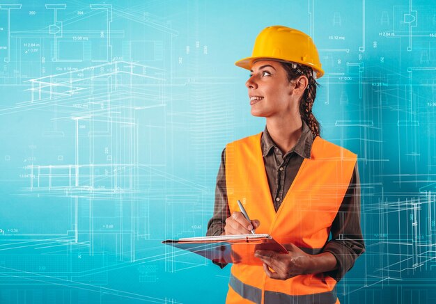 Une femme architecte confiante avec un casque orange fait un croquis