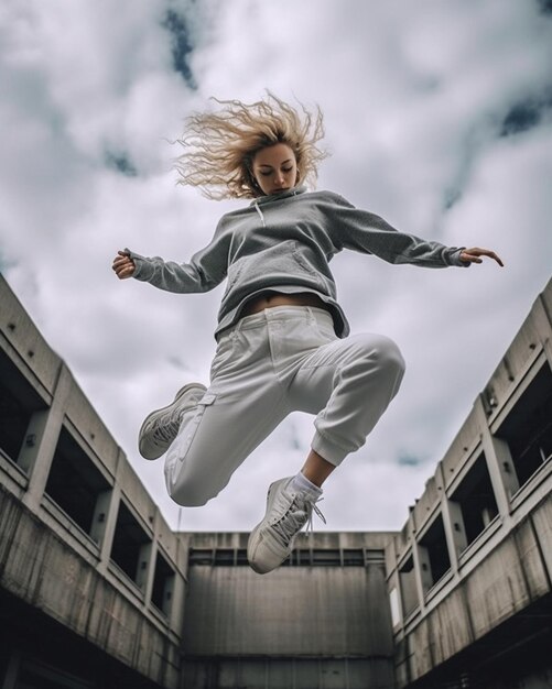 Photo une femme armée sautant en l'air dans un parking.