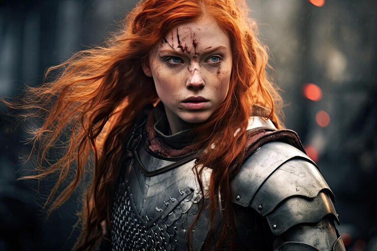 Photo une femme en armure aux cheveux roux