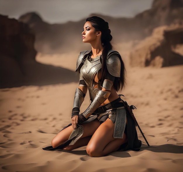 Une femme en armure de chevalier est assise dans le désert.