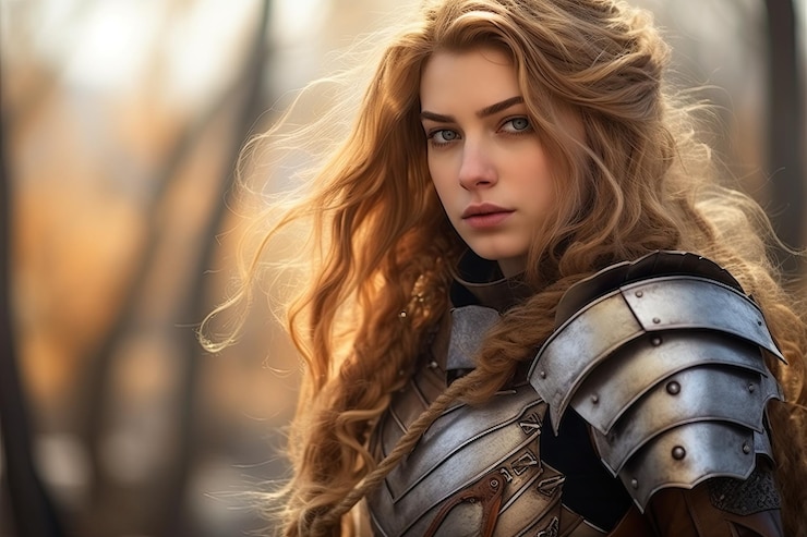 Photo une femme en armure avec des cheveux longs