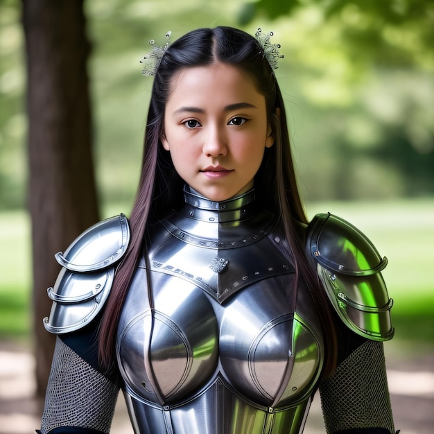 Une femme en armure complète avec le mot « sur le devant ».