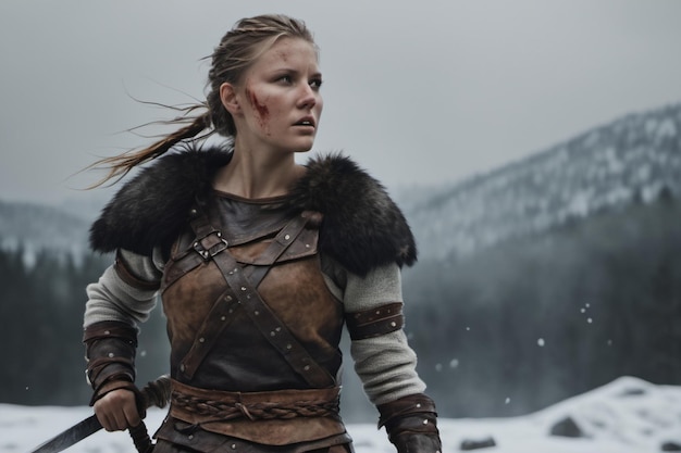 Photo une femme en armure avec un loup sur le dos et un manteau de fourrure sur la tête