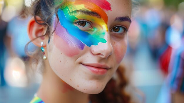 femme arrafée avec un arc-en-ciel peint au visage et un visage coloré peint génératif ai