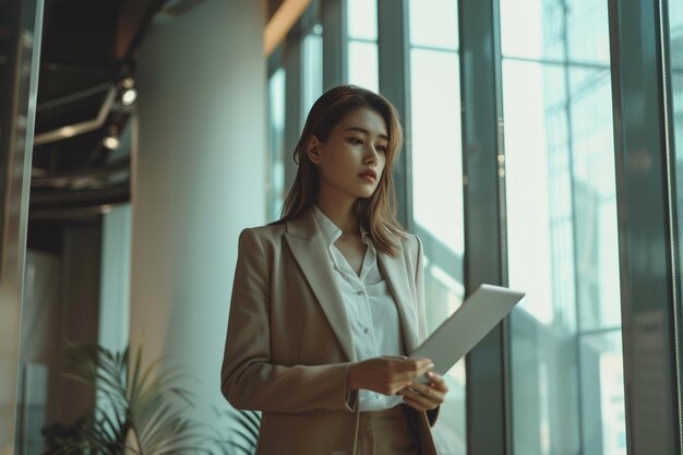 femme arrafée dans un costume d'affaires tenant un ordinateur portable dans une grande pièce générative ai