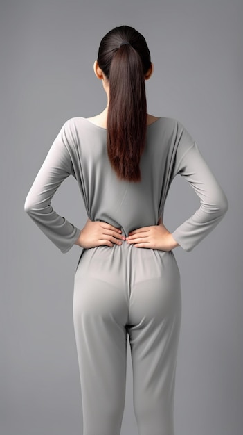 Photo femme arrafée dans un haut gris et un pantalon avec ses mains sur ses hanches générative ai