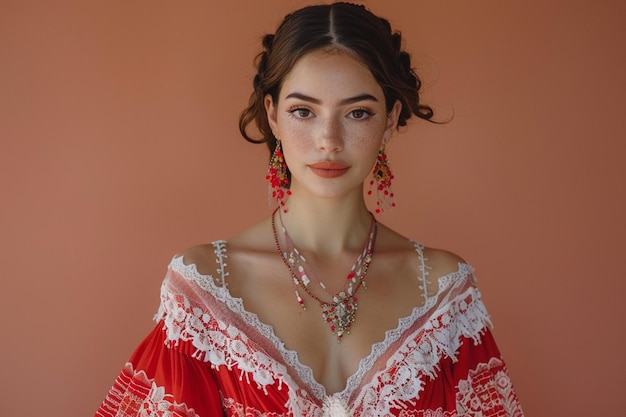 femme arrafée dans une robe rouge et blanche avec un collier et des boucles d'oreilles générative ai