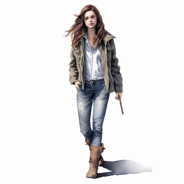 Une femme arrafée dans une veste et un jean marchant avec une canne générative ai