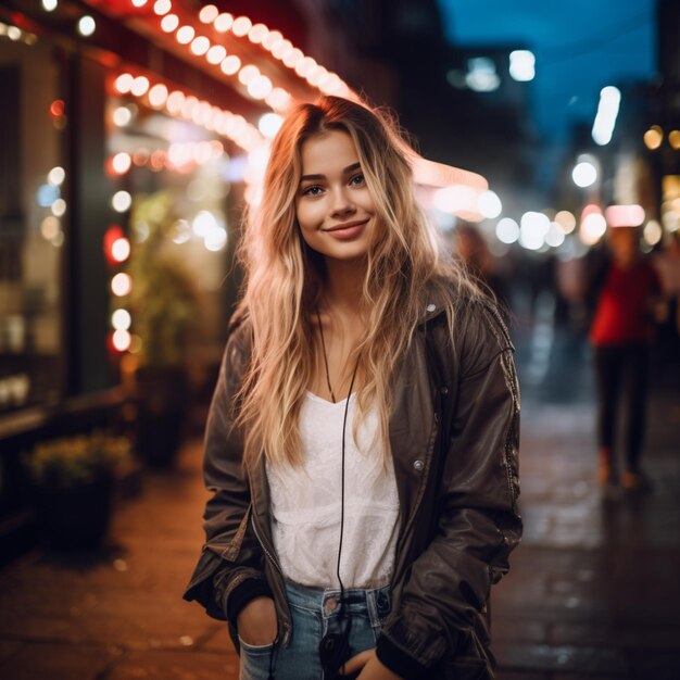 Photo une femme arrafée debout dans une rue de la ville la nuit