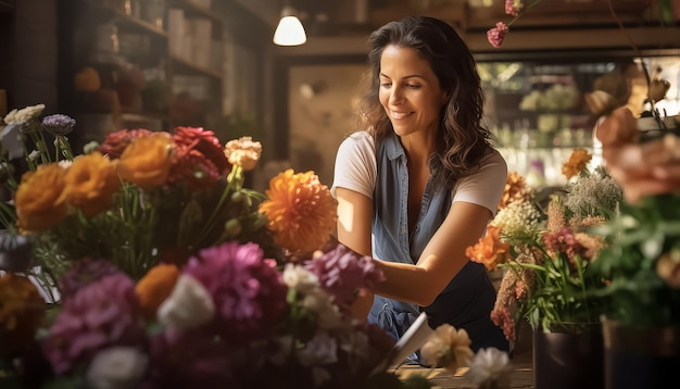 Une femme arrange des fleurs dans un magasin.