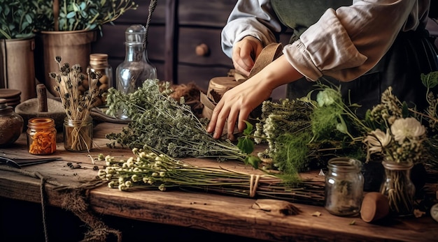 Une femme arrangeant des fleurs dans une cuisine