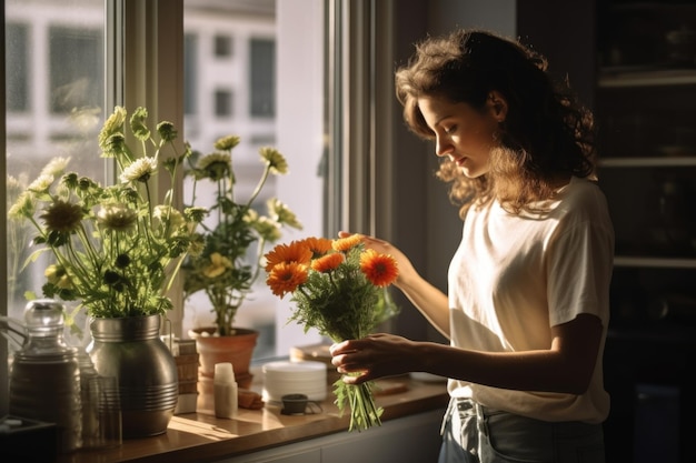 Femme arrangeant des fleurs dans un vase