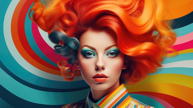 Une femme d'art pop brillante dans le style des années 60 avec des cheveux orange sur un fond coloré pour un salon de coiffure de beauté.