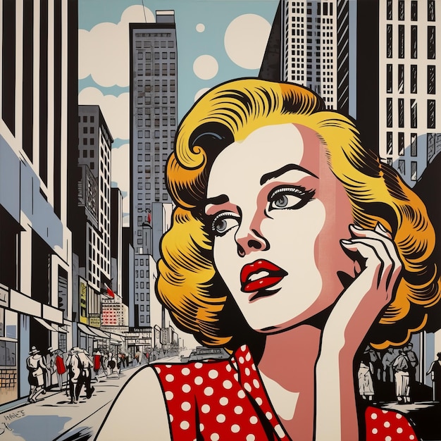 Photo une femme d'art pop élégante en ville avec un dessin d'affiche vintage de téléphone