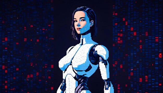 une femme artificielle dans un fond futuriste technologie AI concepts pixel art