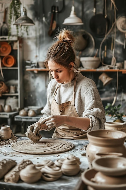 Une femme artisanale sculpte de l'argile pour la poterie