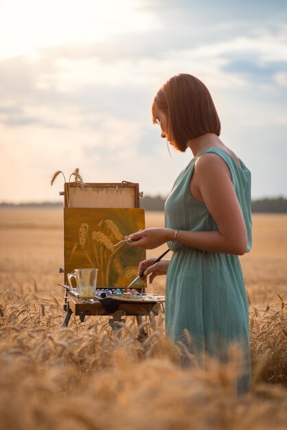 Femme artiste peignant des épillets avec des peintures à l'huile dans un champ