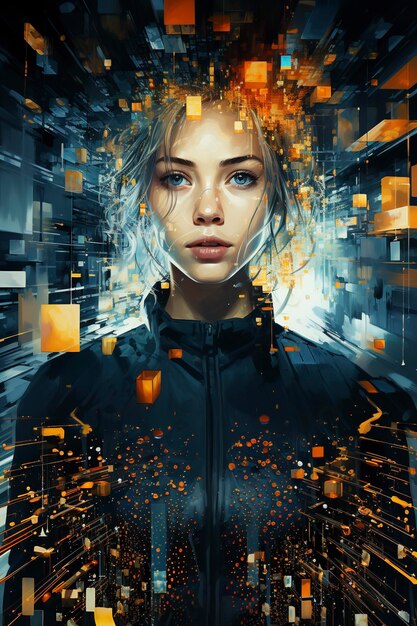 Photo une femme artistique connectée au méta-univers, à la réalité virtuelle, au cybermonde.