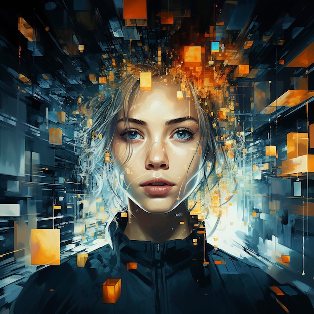 Photo une femme artistique connectée au méta-univers, à la réalité virtuelle, au cybermonde.