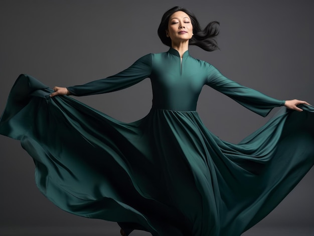 Femme asiatique de 40 ans dans une pose dynamique émotionnelle sur fond solide