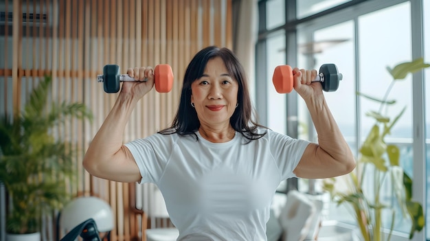 Une femme asiatique âgée faisant de l'exercice avec un haltère à la maison