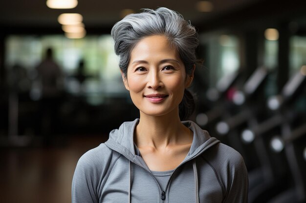 Une femme asiatique âgée qui s'entraîne à la salle de sport en regardant la caméra se concentre sélectivement elle sourit salle de sport moderne