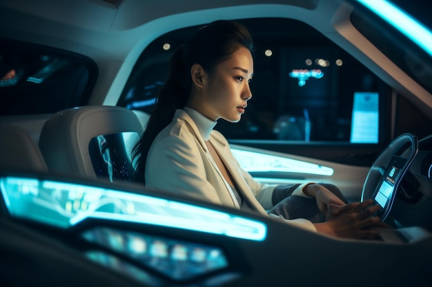 Femme asiatique ai générative assise dans une voiture électrique autonome
