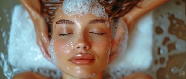 Une femme asiatique allongée sur un lit de salon avec un styliste qui lui lave les cheveux au salon de coiffure.