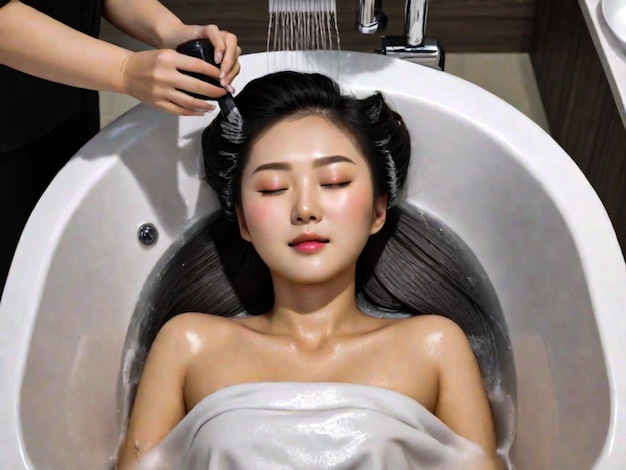 Une femme asiatique allongée pour se laver les cheveux dans un salon de coiffure avec les yeux fermés