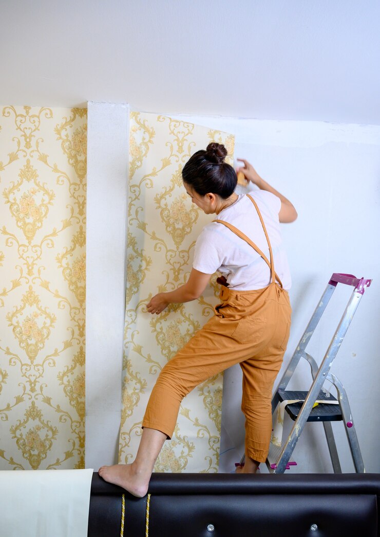 Femme asiatique appliquant un nouveau papier peint à la maison. Rénovation et décoration de la maison.