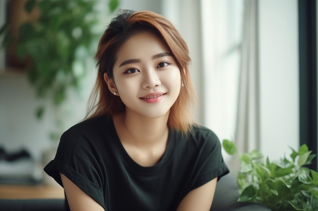 Femme asiatique assise en t-shirt noir et souriant