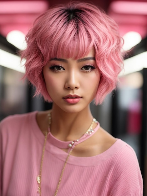 Femme asiatique aux cheveux courts roses dans une coiffure Bob chic