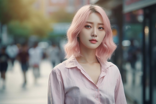 Une femme asiatique aux cheveux roses se dresse dans une rue