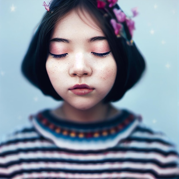 Femme asiatique aux yeux fermés et fleurs en arrière-plan rendu 3d