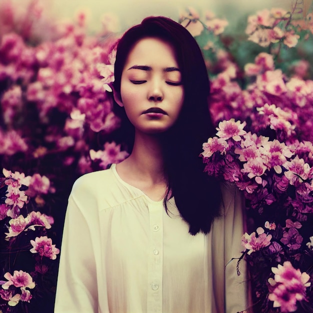 Femme asiatique aux yeux fermés et fleurs en arrière-plan rendu 3d