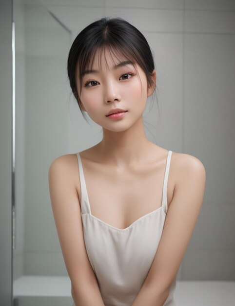 Femme asiatique avec un beau visage et une peau fraîche parfaitement propre, joli modèle féminin face à la caméra