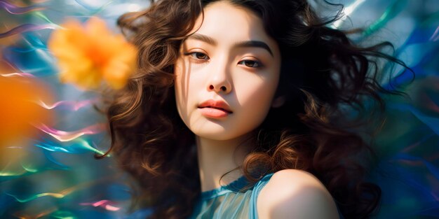 Une femme asiatique avec des boucles brillantes et un style de maquillage qui rayonne une lueur saine et naturelle