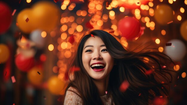 Photo une femme asiatique célèbre la veille du nouvel an sur un fond de fête flou