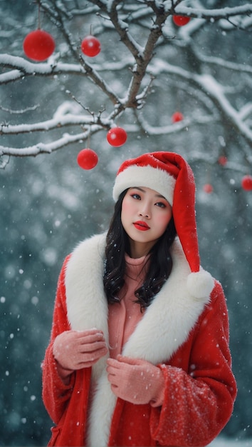 Une femme asiatique avec un chapeau de Père Noël, des flocons de neige doux qui tombent doucement.