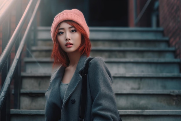 La femme asiatique avec un chapeau rose se tient sur un escalier