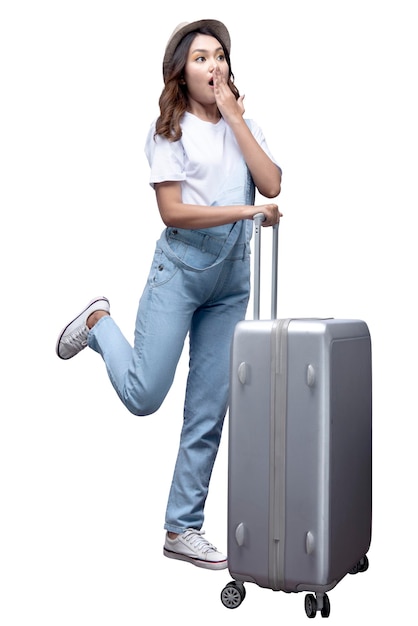 Femme asiatique avec un chapeau et une valise